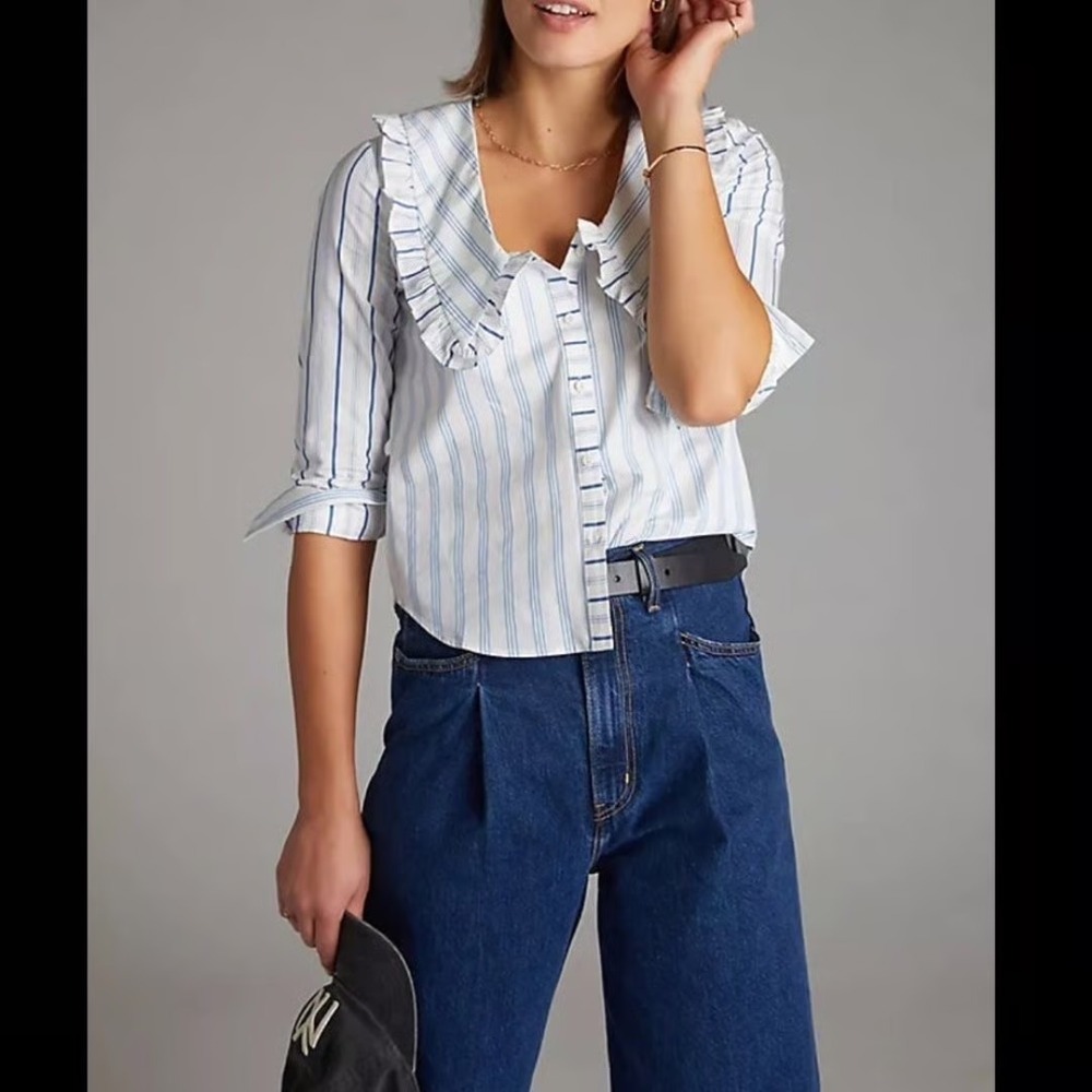 Maeve‎ Ruffled Collar Striped Shirt Size 2 Petite